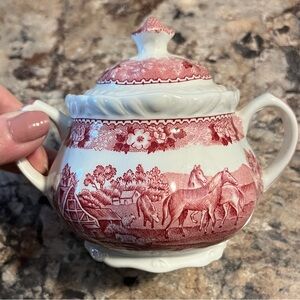 Adams English Scenic Vintage Red and White Sugar Bowl